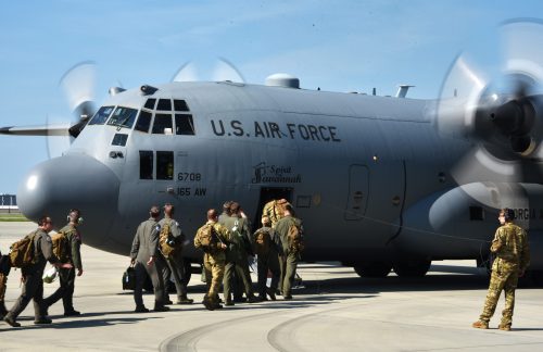 Airmen from the 165th Airlift Wing board a C-130H3 at the Savannah Air National Guard Base, Savannah, Ga., Sept. 6, 2019. The 165th Airlift Wing returned its C-130’s after they evacuated as a precautionary measure for Hurricane Dorian. (U.S. Air Force photo by Senior Airman Renee Crugnale)